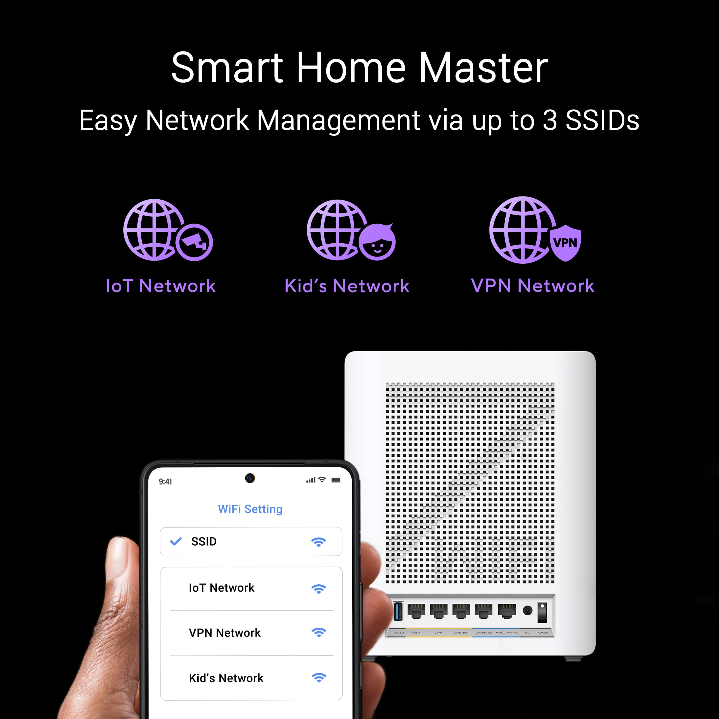 Smart Home Master Easy Network Management via up to 3 SSIDs VPN Network, loT Network, Kid's Network, VPN Network.