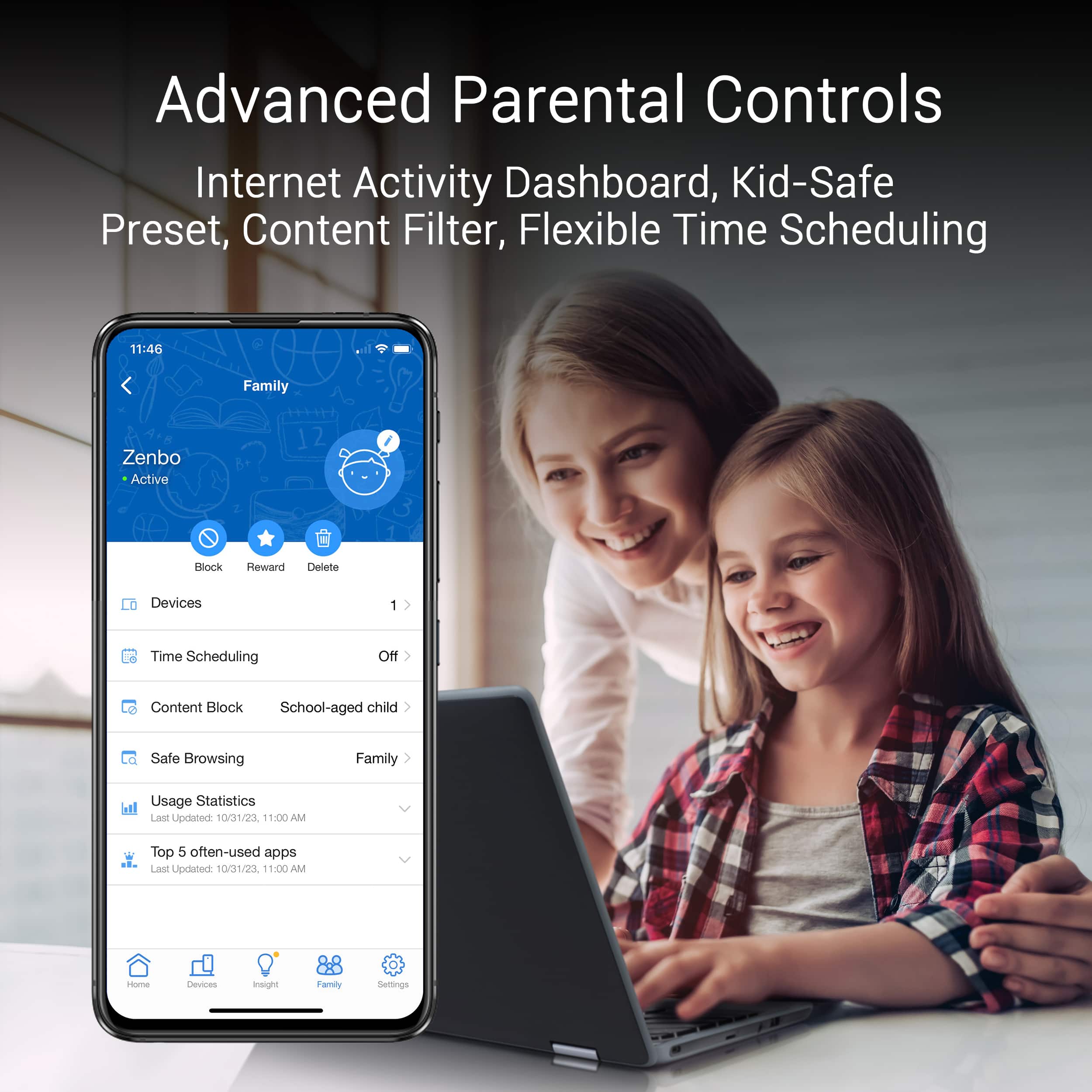 Advanced Parental Controls Internet Activity Dashboard, Kid-Safe Preset, Content Filter, Flexible Time Scheduling.