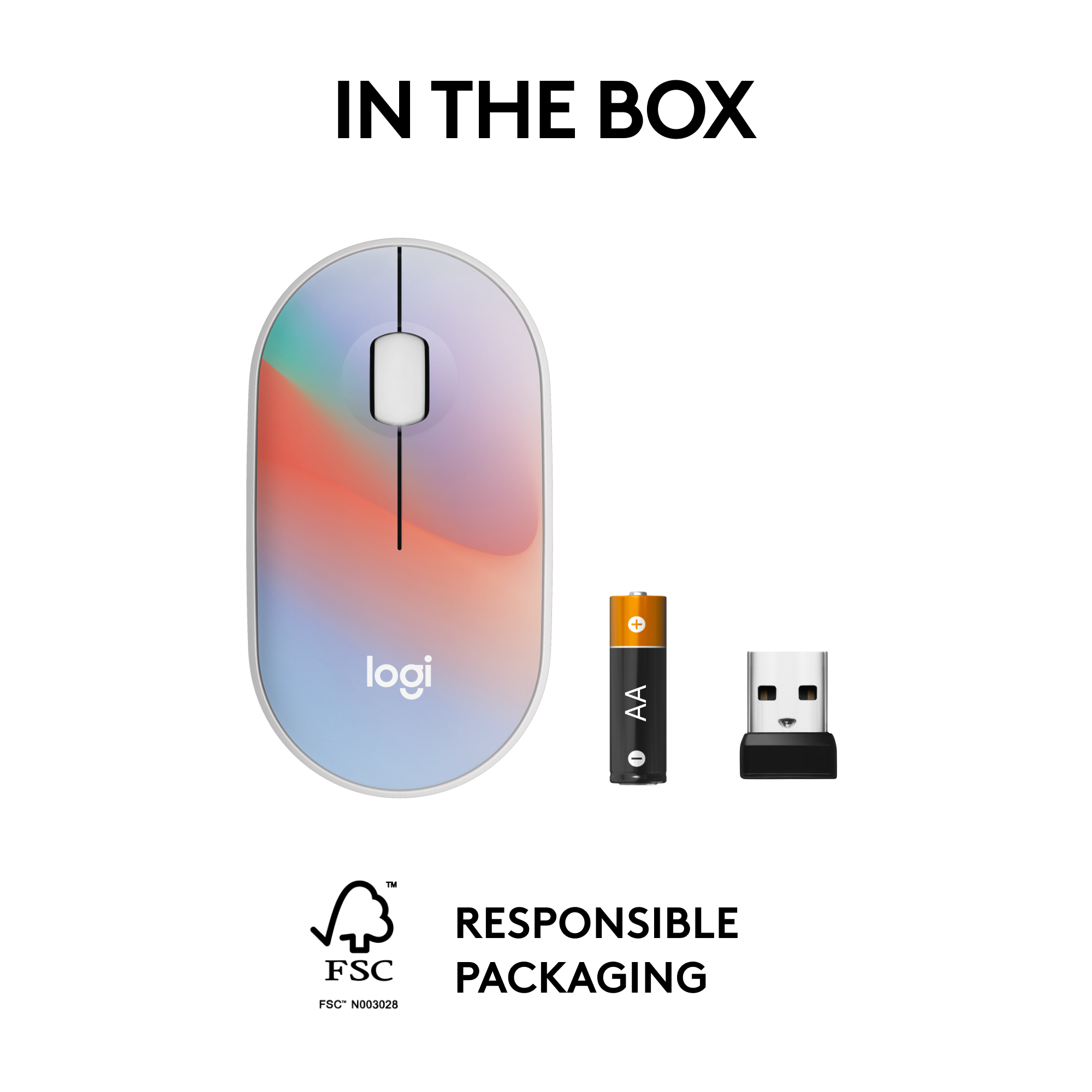 In the box, Logi+ AA and a USB stick are shown. The packaging is responsible and made from FSC materials.