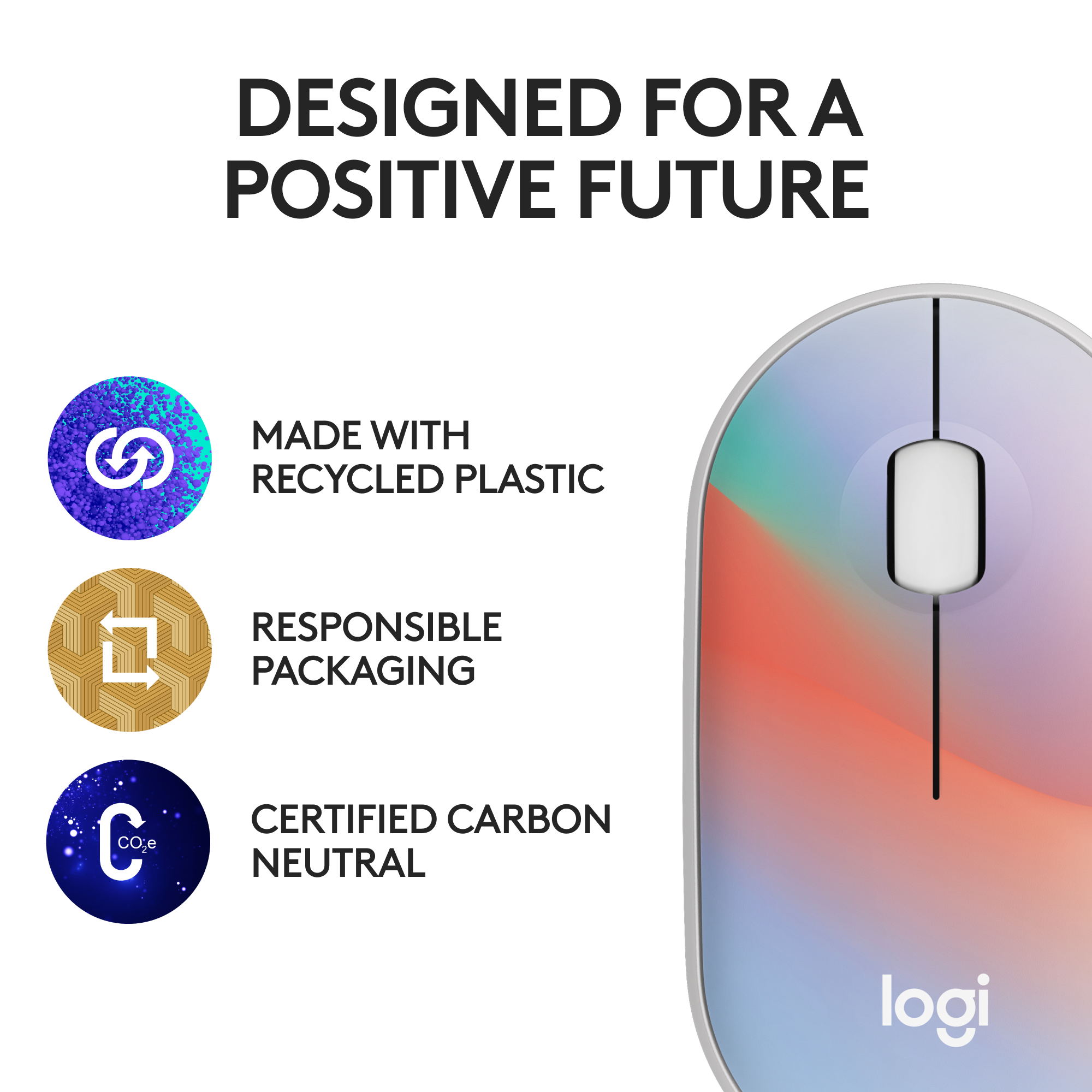 Designed for a Positive Future: Made with Recycled Plastic, Responsible Packaging, Certified Carbon Neutral.