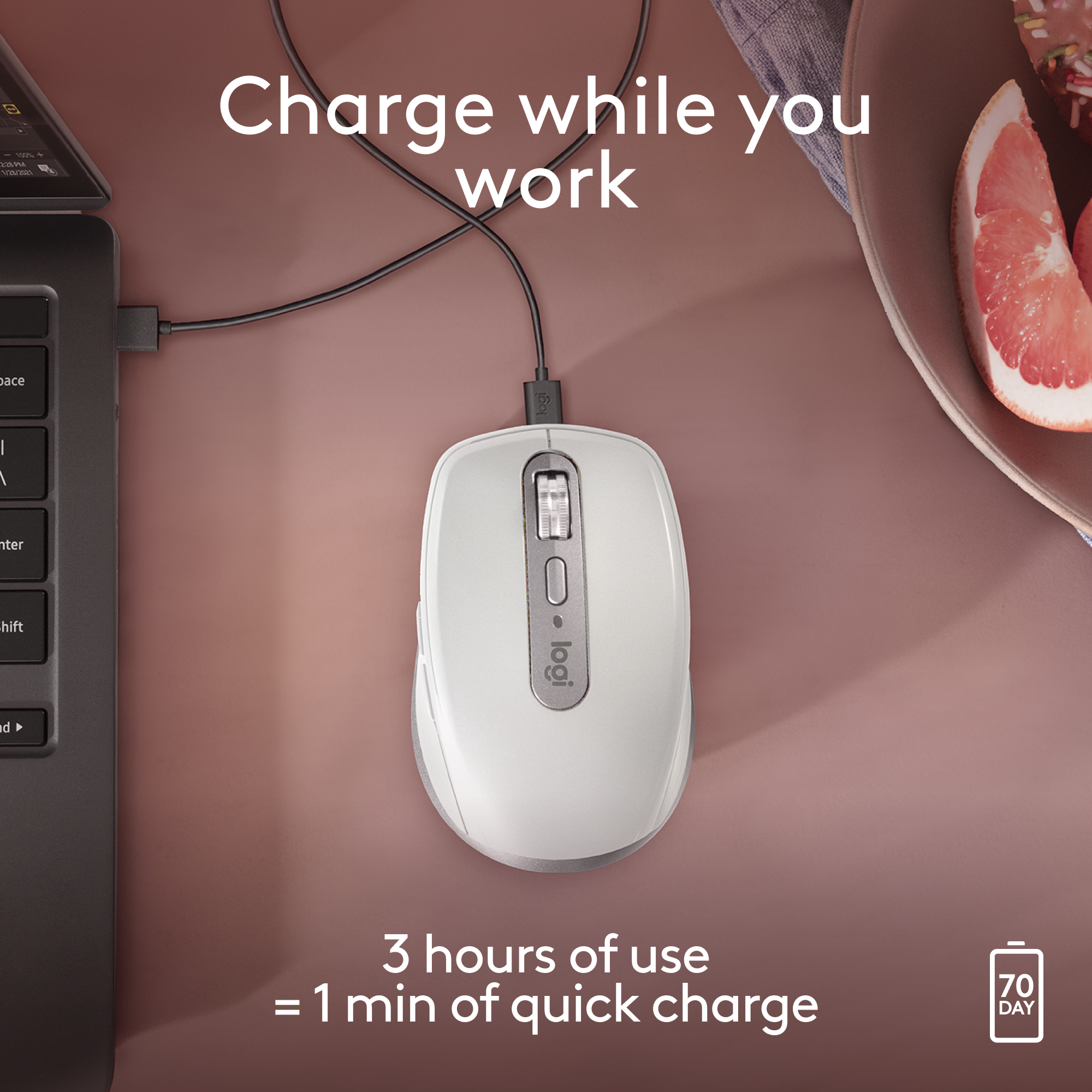 Charge while you work. 3 hours of use. 1 min of quick charge. 70 day.