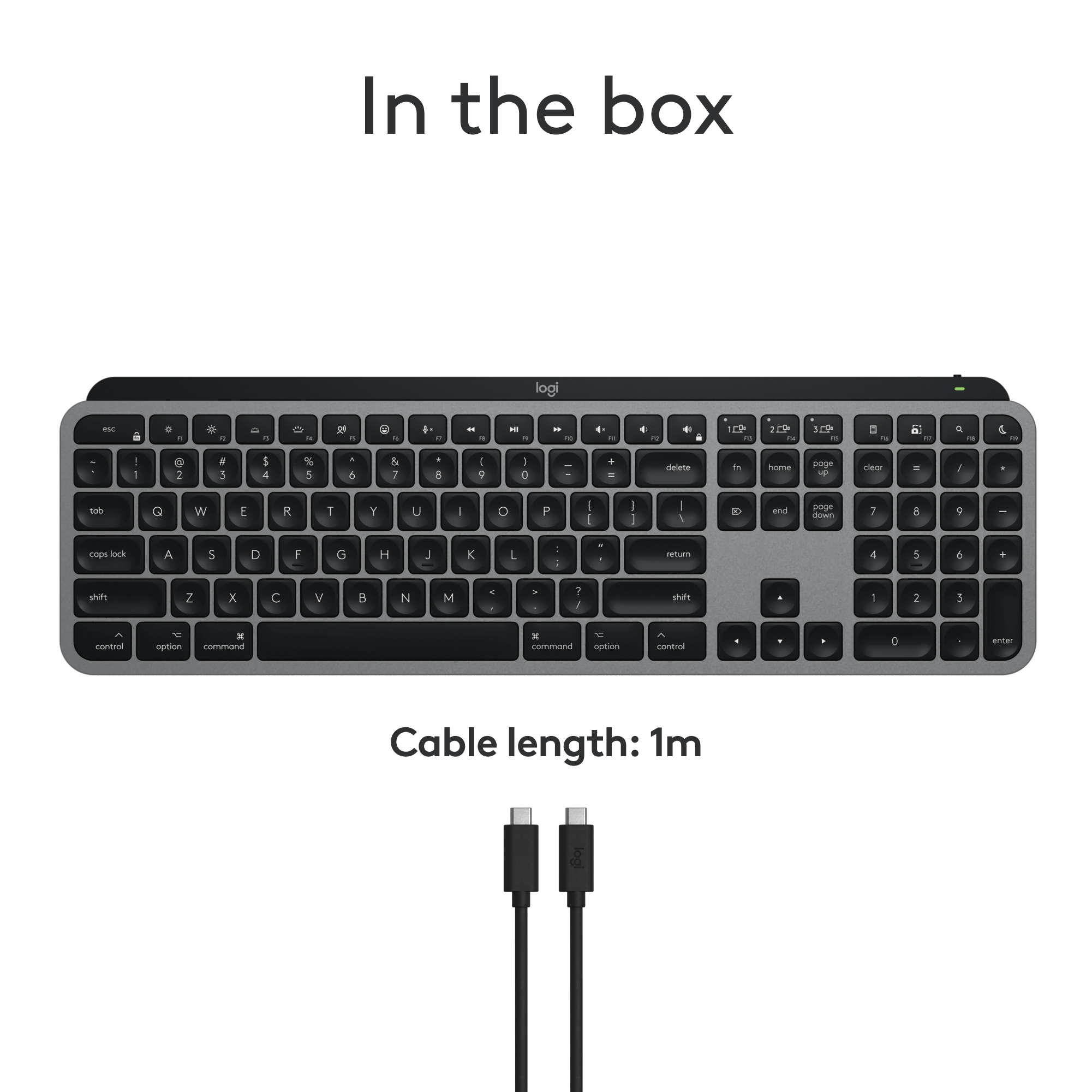 In the box, Logitech - a brand known for its computer peripherals - offers a compact keyboard with a cable length of 1 meter. This keyboard is designed for use in home and office environments, providing a comfortable typing experience with its ergonomic design. The compact size makes it suitable for limited desk space, while the 1-meter cable length offers enough freedom of movement for the user.