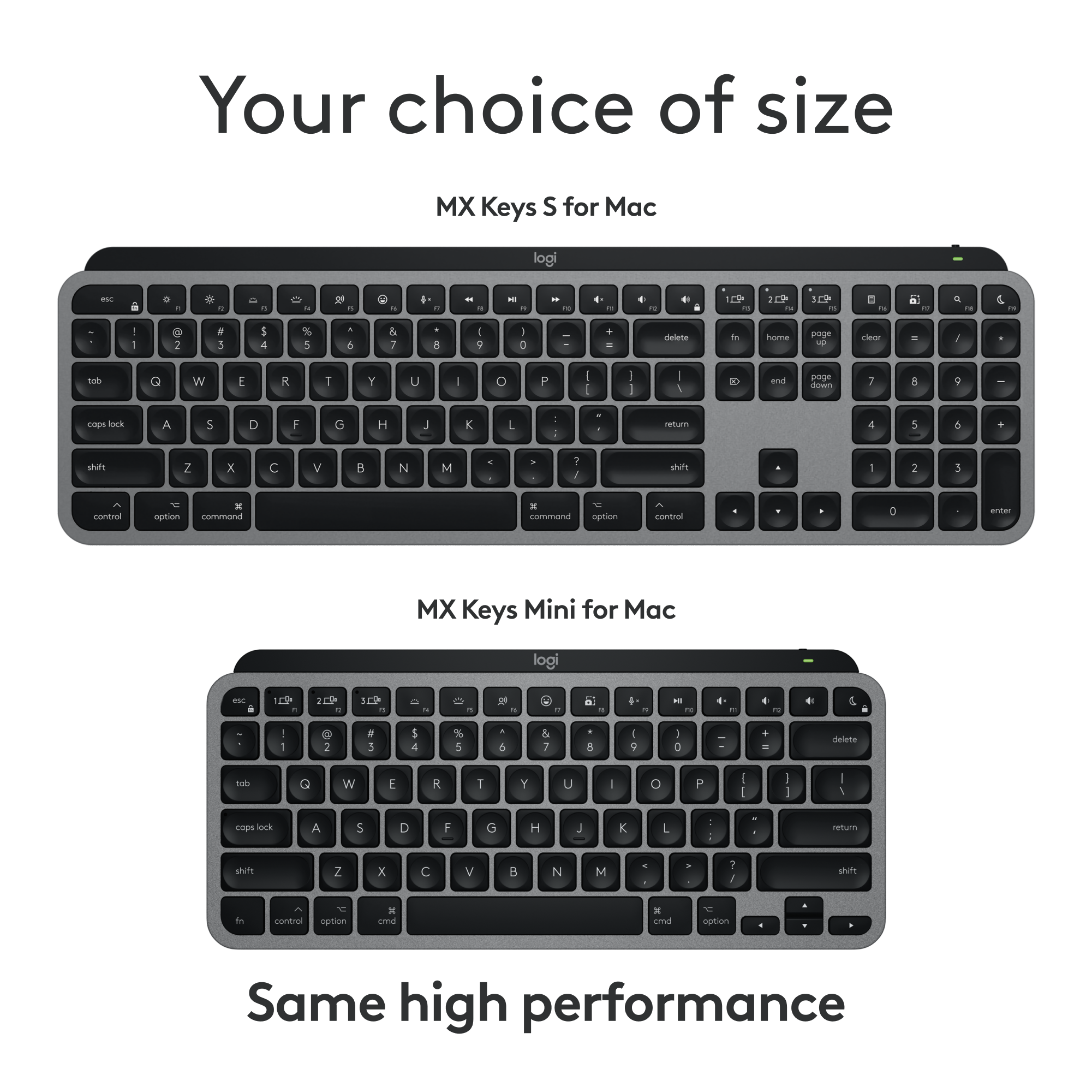 Your choice of size MX Keys S for Mac logi - a . - - Q .. - - - . .. -. T - 10 - - a - - & - . 1 . 1 1 4 % 5 A & 8 0 delete de hame ae 6 ceor I det G W E R T Y u O P I 1 I to and poge dowm 2 g cage Rock A 5 D F G H 1 K I returm 4 5 5 shift Z x C V D N M 1 / ih 2 5 ann sptinn x cmmn - namnnd aption control 2 anmar MX Keys Mini for Mac logi - a 10P 2EP SEP 0 b + 1 1 4 4 & 2 5 I 4 % 5 5 & 7 E I 9 0 delete s G W E R I Y U O P I I I I I cnps lock A 5 D F G H 1 K L returm shity Z x C V N M 1 1 shifs fn ct option x cmd oRo 4 aption Same high performance.