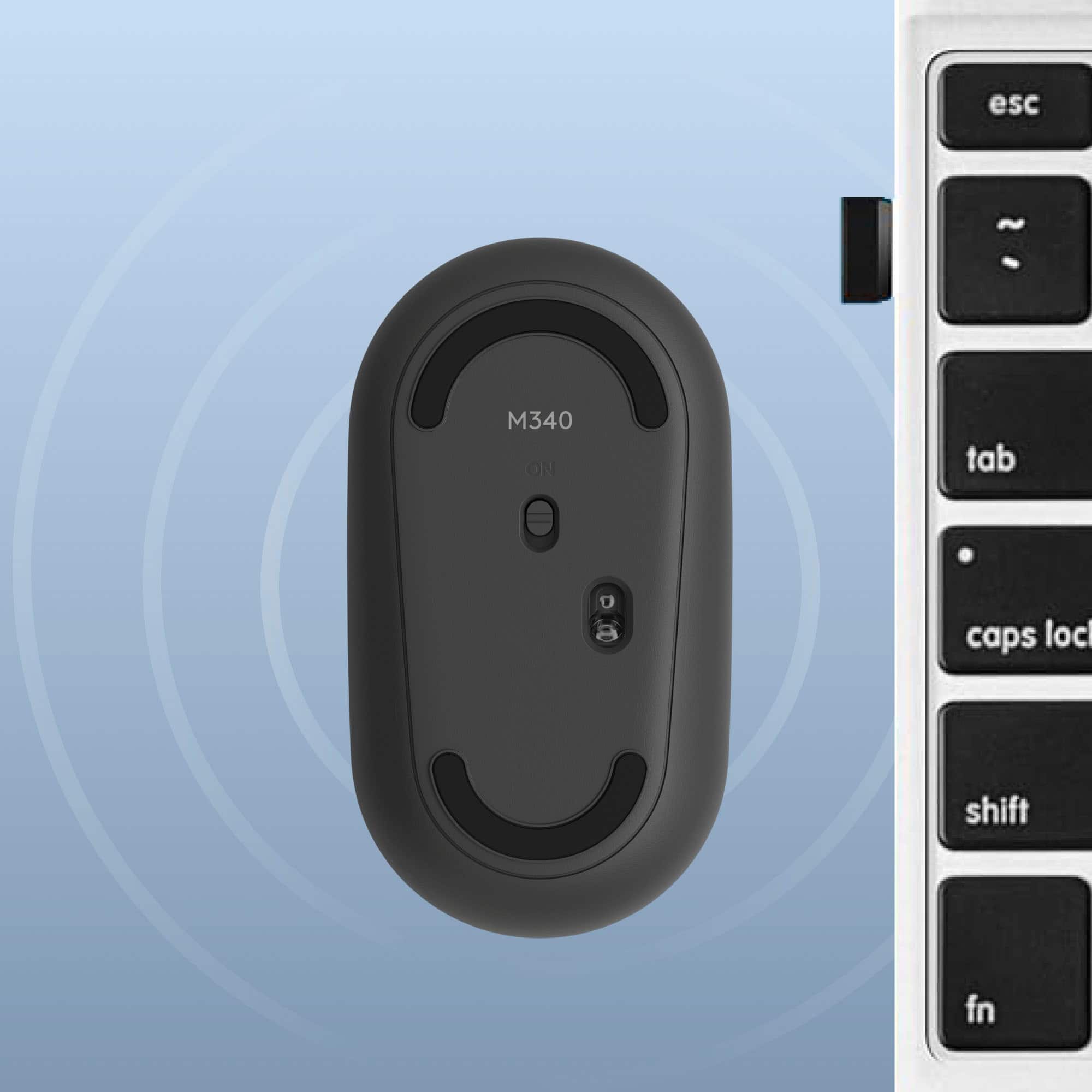 The text on the image is grouped as follows:
1. esc
2. M340
3. ON
4. tab
5. caps
6. loc
7. shift
8. fn