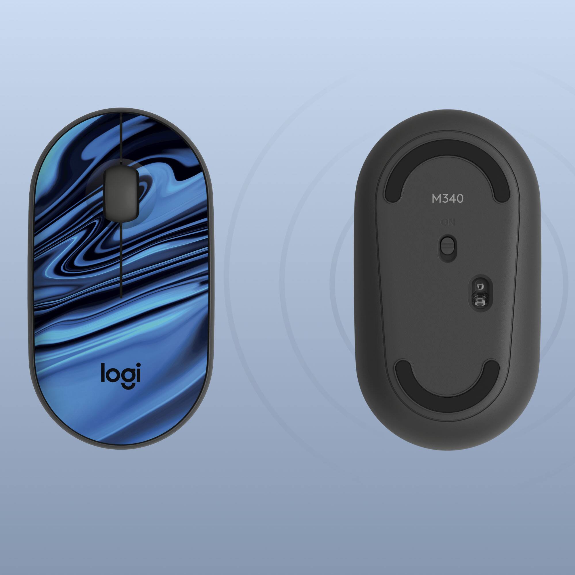 The image features a Logitech computer mouse in three different colors: blue, black, and white. The mouse is designed to be used with a computer and is a wireless device. The blue mouse has a blue and black design, while the black mouse has a black and white design. The white mouse is simply white in color. The Logitech brand is known for its high-quality computer peripherals, and these mice are no exception.