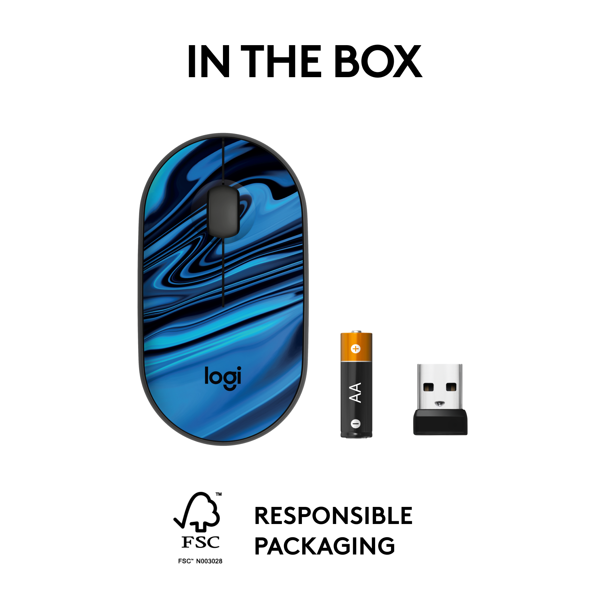 In the box, there is a blue and black mouse and a USB stick. The mouse is made by Looi and features a blue and black design. The USB stick is also made by Looi and is orange in color. The packaging is responsible and made from FSC materials.