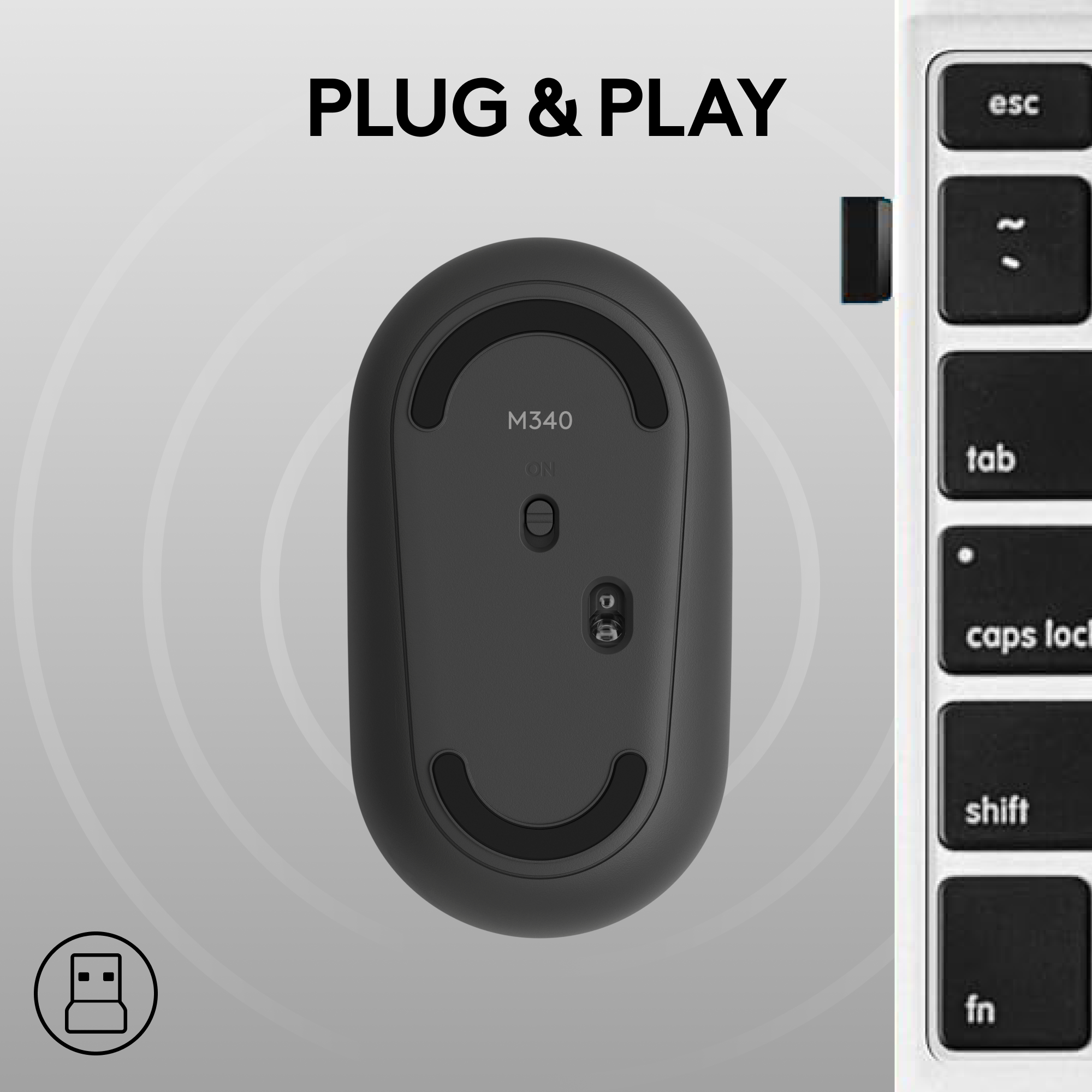 PLUG & PLAY esc M340 ON tab caps loc shift fn