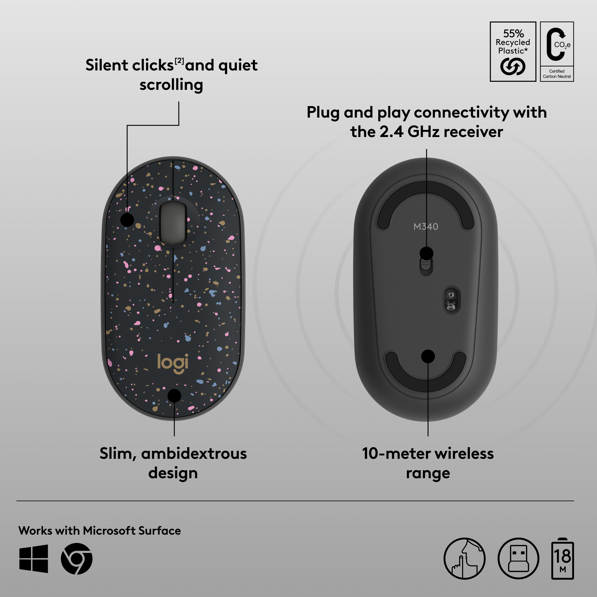 The text on the image is grouped and corrected as follows:

"Silent clicks and quiet scrolling. 55% recycled C CO.e Plastic. Slim, ambidextrous design. 10-meter wireless range. Works with Microsoft Surface. M340 logi."