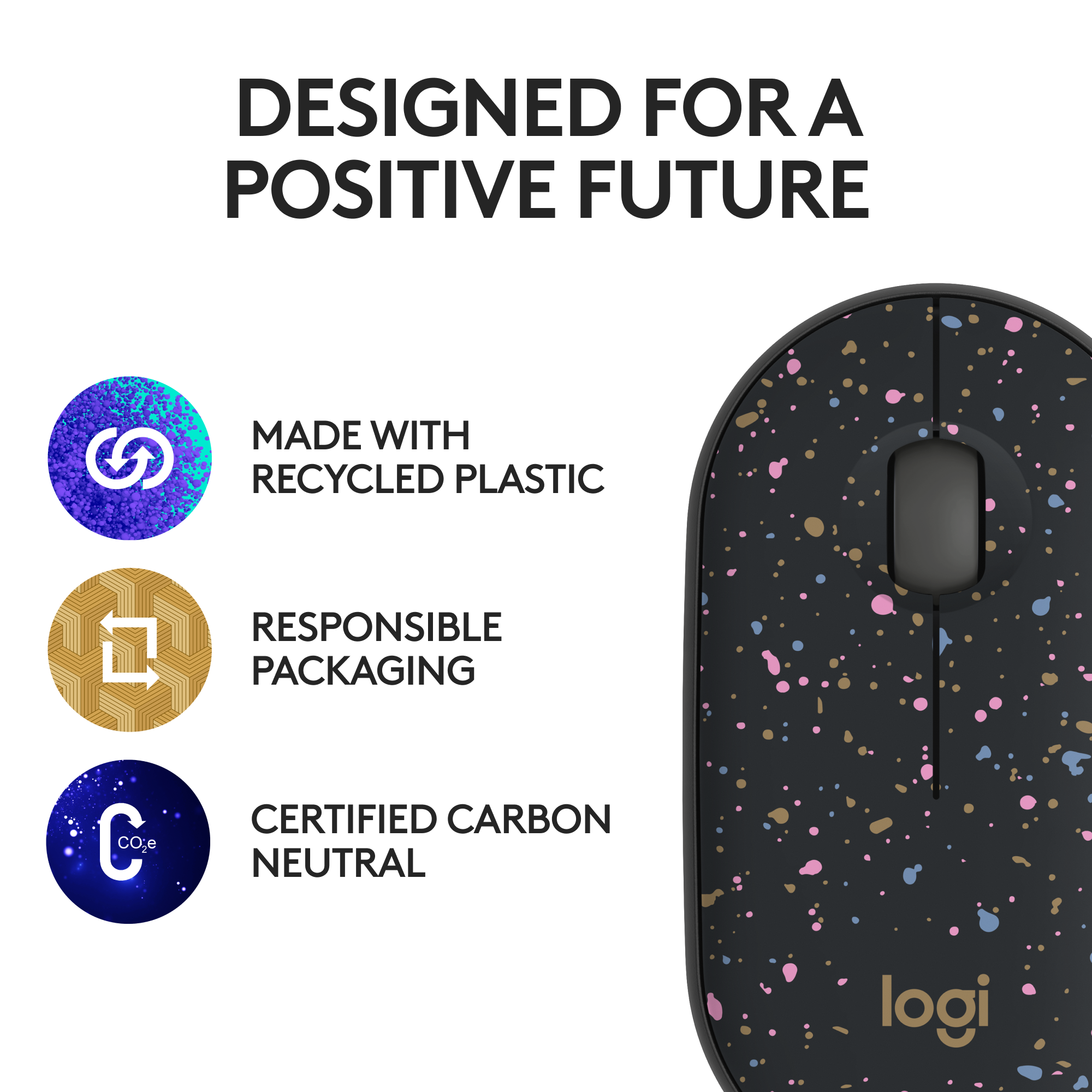 Designed for a Positive Future: Made with Recycled Plastic, Responsible Packaging, Certified Carbon Neutral.