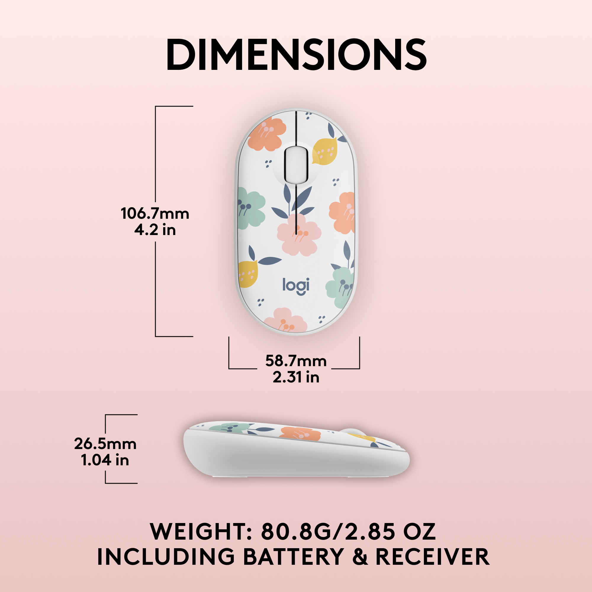 DIMENSIONS: 106.7mm (4.2 in) logi 58.7mm (2.31 in) 26.5mm (1.04 in)
WEIGHT: 80.8G/2.85 OZ INCLUDING BATTERY & RECEIVER