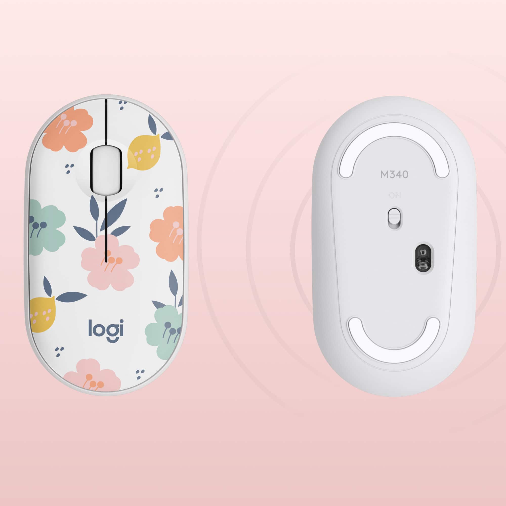 The image features a white Logi mouse with a floral design on it, placed next to a white Logi mouse pad. The mouse and mouse pad are both decorated with flowers. The mouse is designed to be used with a computer, and the mouse pad provides a comfortable surface for the mouse to glide on. The combination of the mouse and mouse pad create a visually appealing and functional setup for computer users.