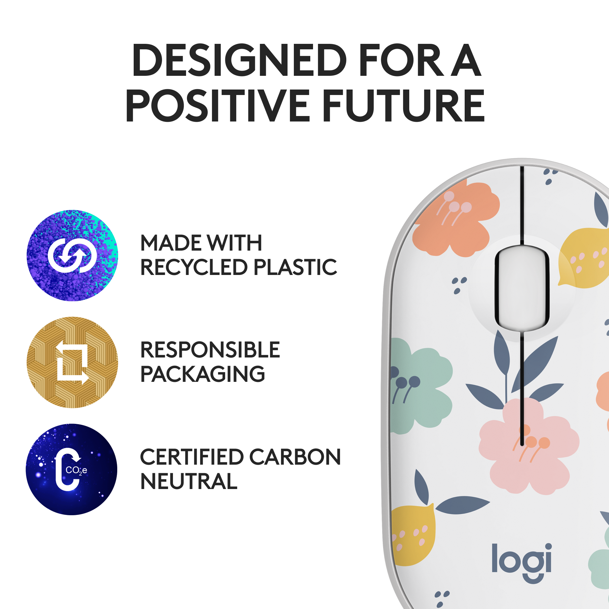 Designed for a Positive Future: Made with Recycled Plastic, Responsible Packaging, Certified Carbon Neutral.