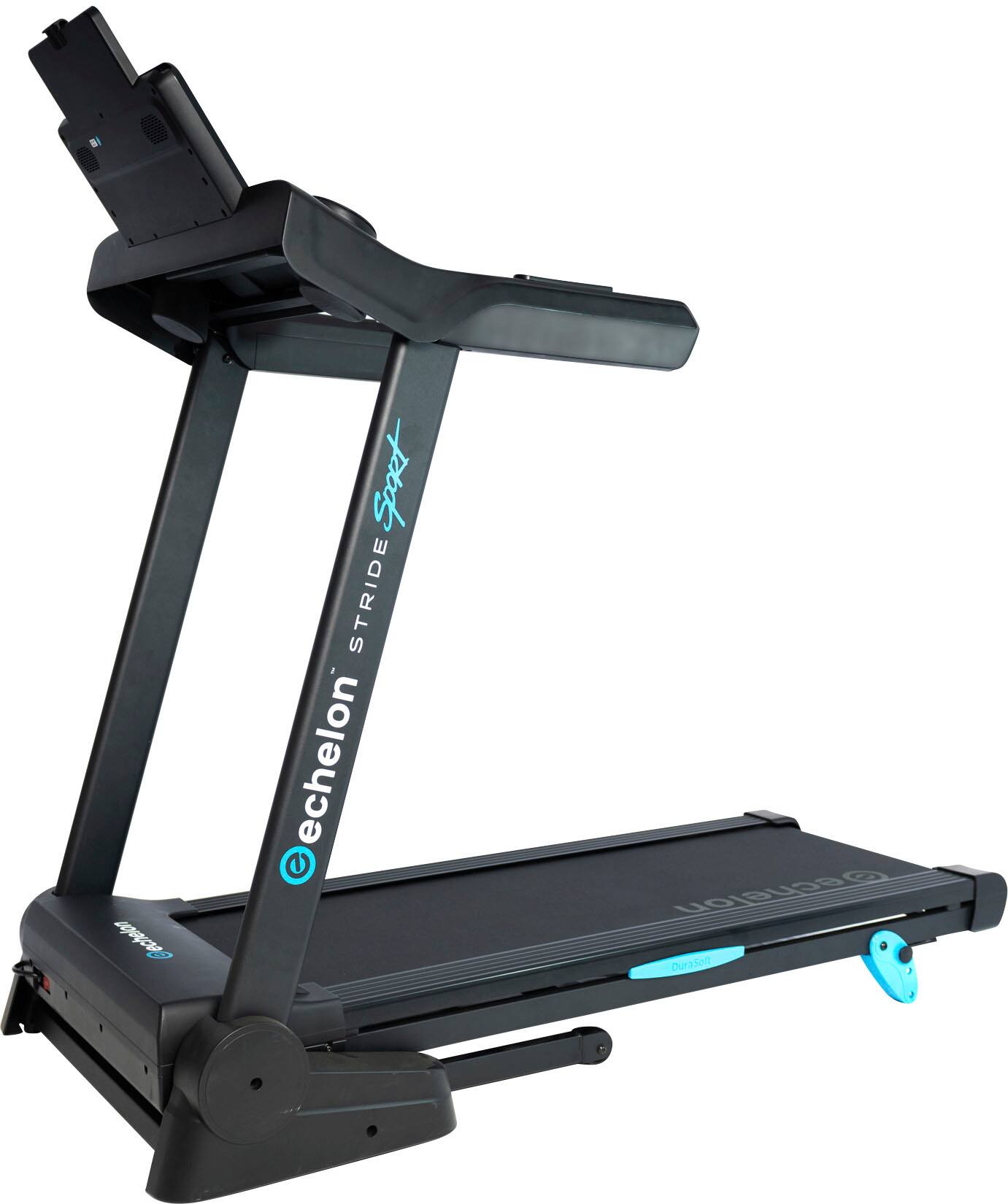 The image features a black exercise machine, specifically a treadmill, with the brand name "Echelon" written on it. The treadmill is designed for use in a home setting, providing a convenient way for people to exercise indoors.