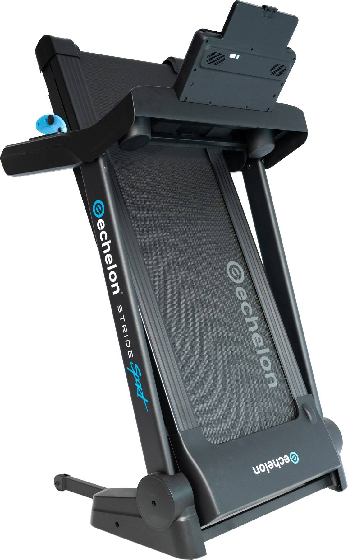 The image features a black exercise machine, specifically a treadmill, with the brand name "Echelon" displayed on it. The machine is designed for indoor use and is likely used for cardiovascular workouts. The treadmill is positioned on a black stand, which provides stability and support. The machine is ready to be used, and the user can start their workout by stepping onto the treadmill and adjusting the speed and incline settings.