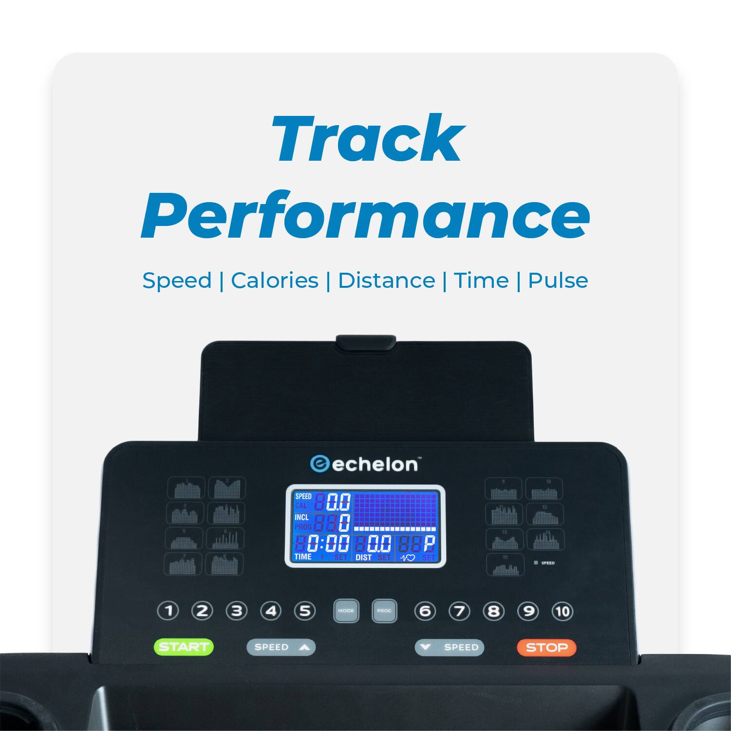 Track Performance: Speed, Calories, Distance, Time, Pulse. echelon.