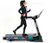The image features a woman wearing a black shirt and black pants, running on a treadmill. She is using a treadmill with a screen, which is likely displaying her progress or workout information. The woman appears to be enjoying her workout, as she is smiling while running.