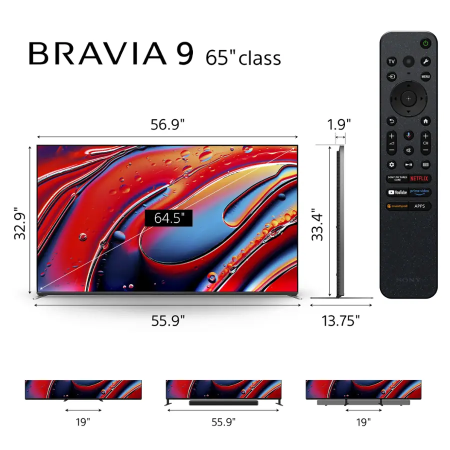 The image features a large screen television, specifically a BRAVIA 9 65" class TV. It is accompanied by a remote control, which is placed next to the TV. The TV is described as having a 56.9" screen size, and it is also referred to as a 1.9" + V 1 CH I  ee - - PTURN - NETFLIX TV. The image also shows a comparison of the TV with other screen sizes, including a 32.9" and 64.5" screen size.