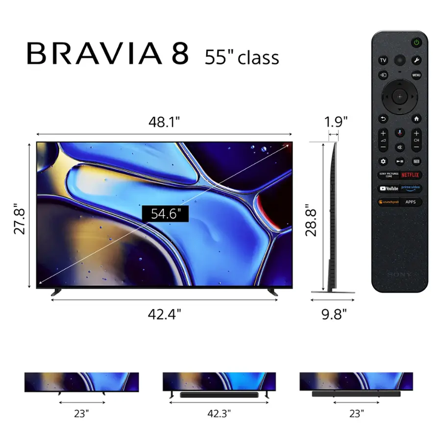 The image features a television set, specifically a Bravia 8 55" class TV, which is displayed in various sizes. The TV has a minimum size of 48.1" and a maximum size of 1.9". It is accompanied by a remote control, which is placed next to the TV. The TV is also equipped with Netflix and Amazon Prime Video apps, making it a versatile entertainment option for users.