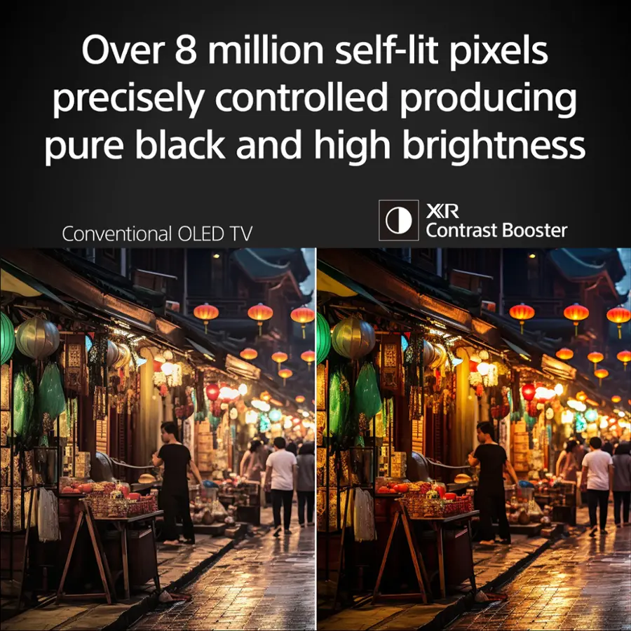 The image features a night scene with a group of people walking on a street. There are at least 12 people visible in the scene, with some walking closer to the foreground and others further in the background. The street is illuminated by numerous lanterns, creating a vibrant and lively atmosphere.

The image is described as having over 8 million self-lit pixels, which suggests that it is a high-resolution image. The pixels are precisely controlled to produce pure black and high brightness, which enhances the overall visual quality of the image. The presence of the lanterns and the night setting contribute to the overall ambiance of the scene.