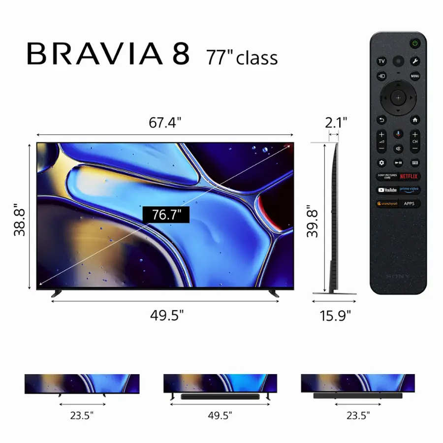 The image features a large television screen with a blue background. The TV is a Bravia 8 77" class TV, and it is accompanied by a remote control. The television is displayed in various sizes, including a 67.4" screen and a 38.8" screen. The remote control is also shown in different sizes, with a 15.9" and a 23.5" version. The image emphasizes the versatility and adaptability of the television and remote control to suit different needs and preferences.