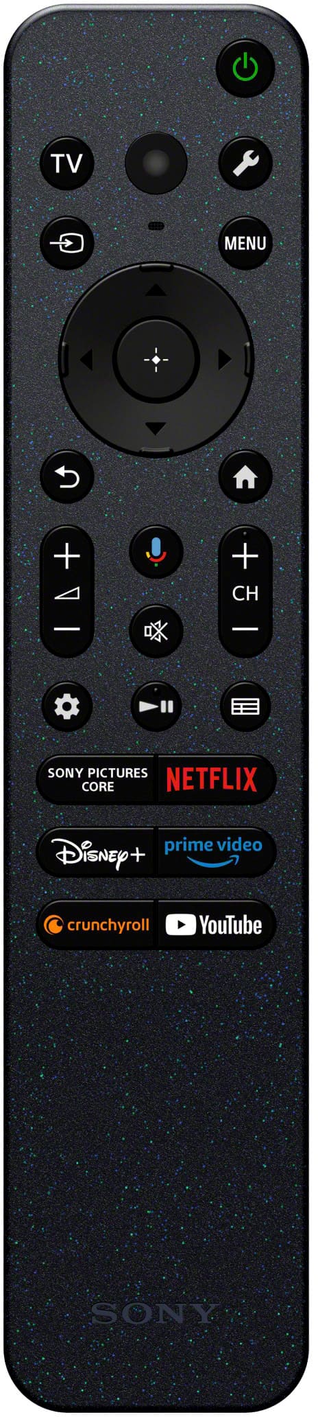 The largest text on the remote control is "Netflix." The cleaned-up text based on the image would be:
TV Menu + + CH + - SONY PICTURES CORE NETFLIX prime video Disney+ crunchyroll YouTube SONY