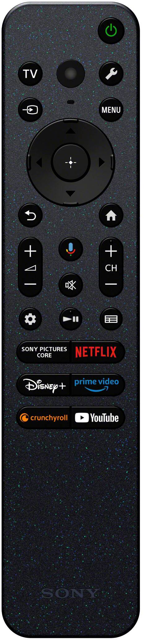The largest text on the remote control is "Netflix." The cleaned-up text based on the image would be:

TV Menu + + CH + - SONY PICTURES CORE NETFLIX prime video Disney+ crunchyroll YouTube SONY