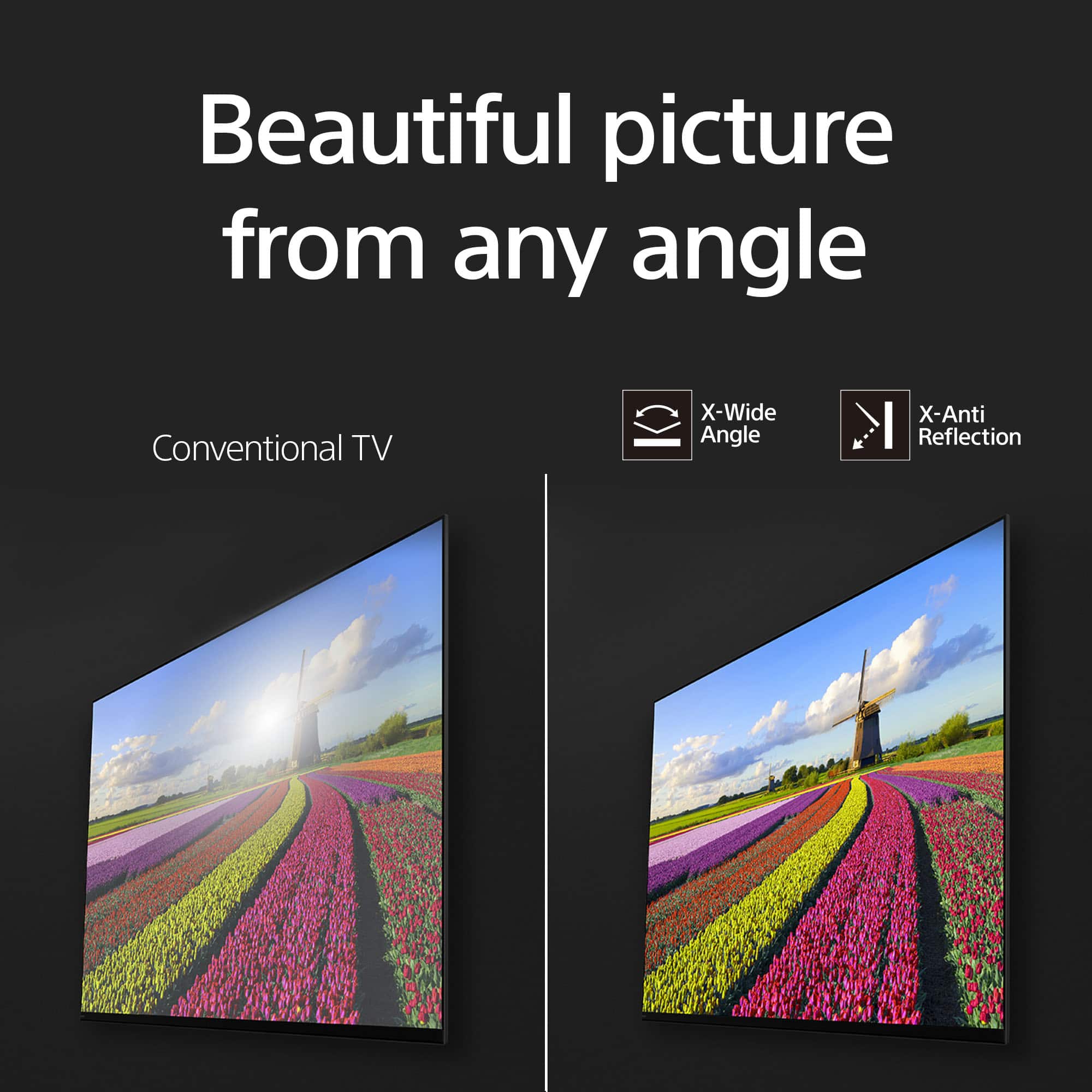 The image showcases a beautiful picture from any angle, thanks to the X-Wide Angle and X-Anti Reflection features. The picture is displayed on a conventional TV, which provides a clear and crisp viewing experience. The X-Wide Angle feature ensures that the picture remains vibrant and sharp, even when viewed from different angles, while the X-Anti Reflection feature helps reduce glare and reflections, making the picture even more enjoyable to watch.