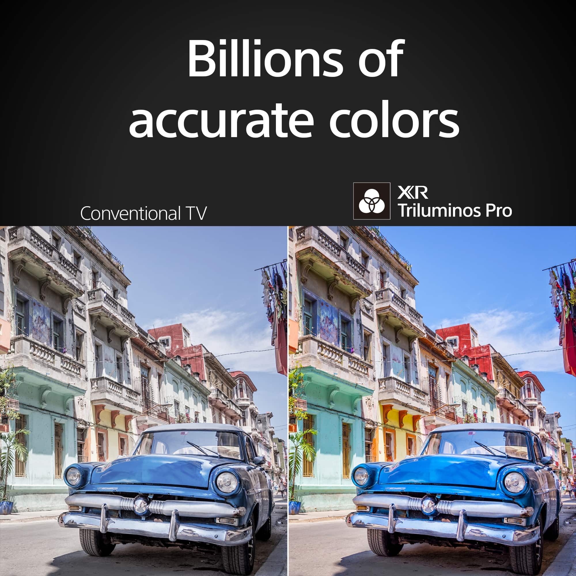 The image features a blue car parked on a street, with a building in the background. The car is positioned in the middle of the scene, and there are two other cars visible in the background. The image is advertising a TV with billions of accurate colors, showcasing the vibrant colors and details of the scene.