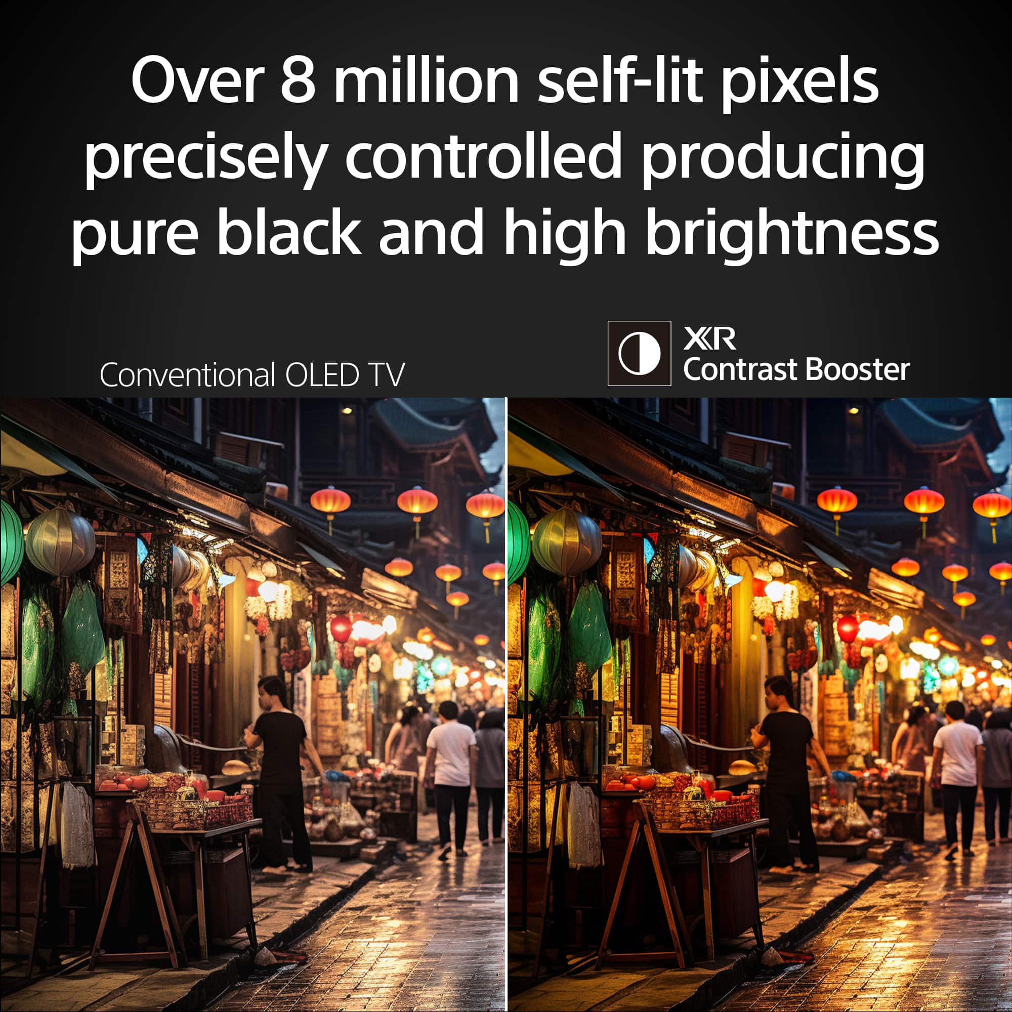 The image features a night scene with a group of people walking on a street. There are at least 12 people visible in the scene, with some walking closer to the foreground and others further in the background. The street is illuminated by numerous lanterns, creating a vibrant and lively atmosphere.
The image is described as having over 8 million self-lit pixels, which suggests that it is a high-resolution image. The pixels are precisely controlled to produce pure black and high brightness, which enhances the overall visual quality of the image. The presence of the lanterns and the night setting contribute to the overall ambiance of the scene.