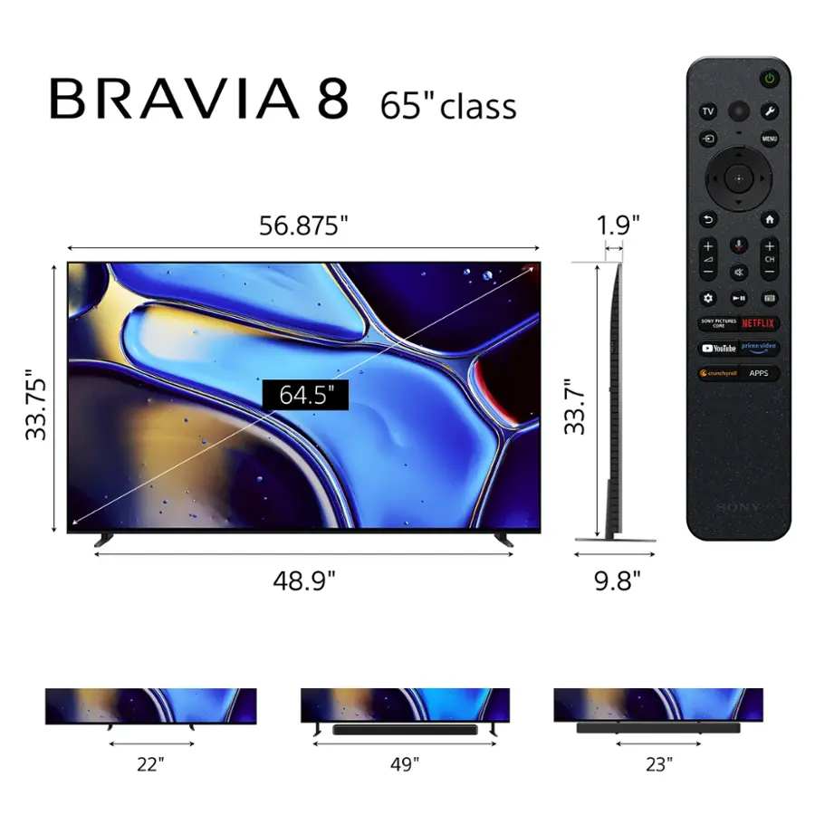 The image features a Bravia 8 65" class TV, which is the largest TV in the scene. The TV is accompanied by a remote control, which is placed next to it. The TV is displayed in various sizes, including a 33.75" TV, a 48.9" TV, and a 22" TV, showcasing the different options available for customers. The image also includes a Netflix app, indicating that the TV is compatible with streaming services.