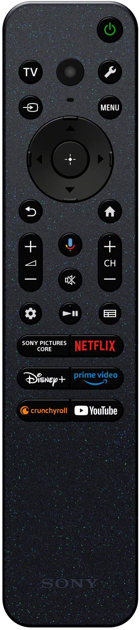 The largest text on the remote control is "Netflix." The other text on the remote control includes "TV Menu," "Ch," "Sony Pictures Core," "Disney+," "Prime Video," "Crunchyroll," "YouTube," and "Sony."
