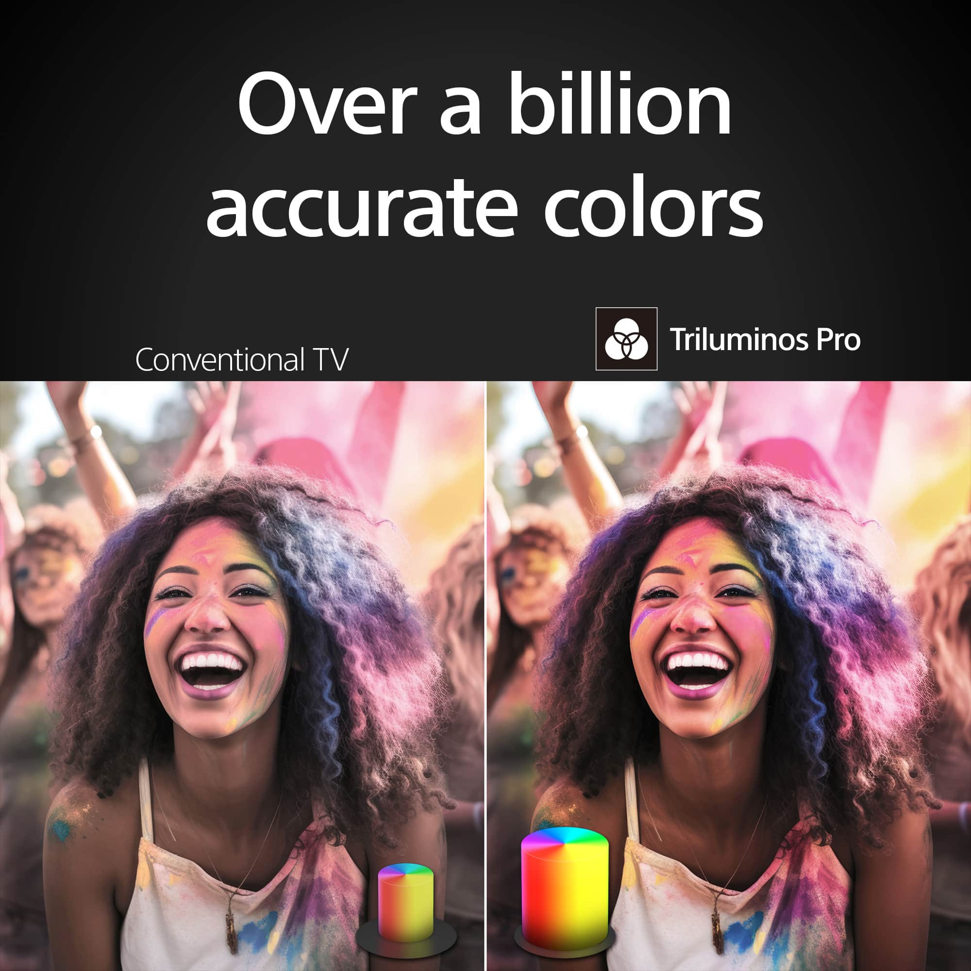 The largest text reads "Over a billion accurate colors." The cleaned-up text based on the image is "Conventional TV Triluminos Pro."