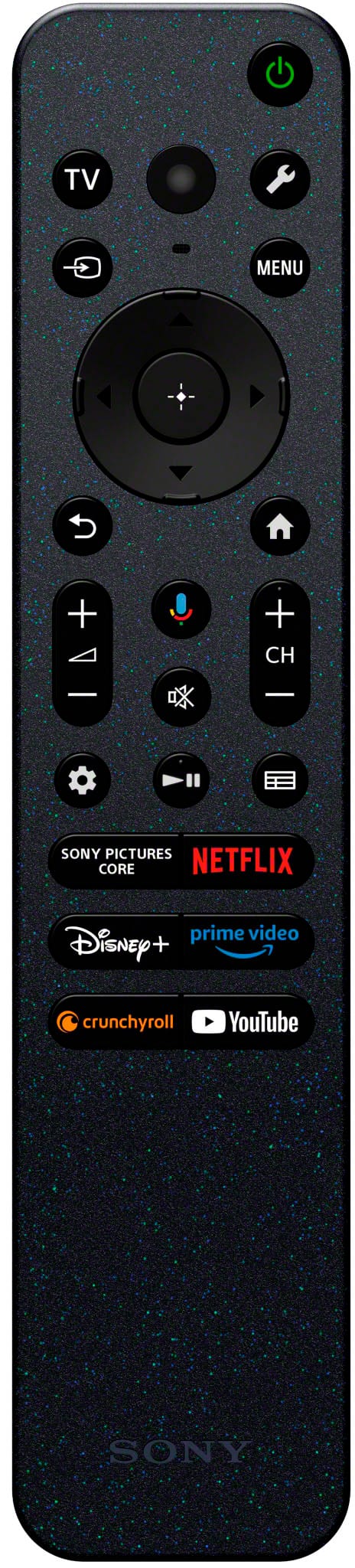 The largest text on the remote control reads "TV MENU." The cleaned-up text based on the image would be:
TV Menu + + CH - + SONY PICTURES CORE + NETFLIX + PRIME VIDEO + DISNEY + + CRUNCHYROLL + YOUTUBE + SONY