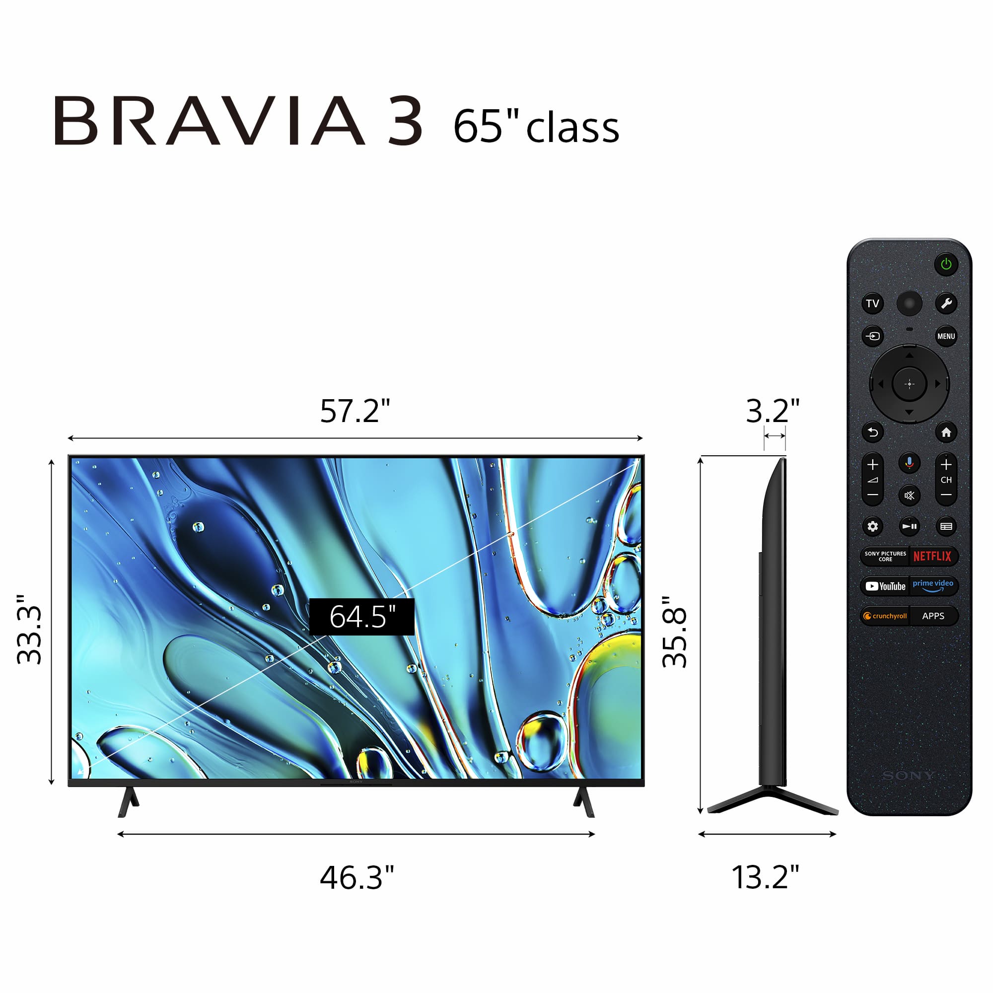 The image features a large Bravia 3 65" class TV, which is a flat screen television. The TV is being displayed next to a remote control, which is also a prominent feature in the image. The TV is positioned on the left side of the image, while the remote control is on the right side. The size of the TV is quite large, as it spans a significant portion of the image.