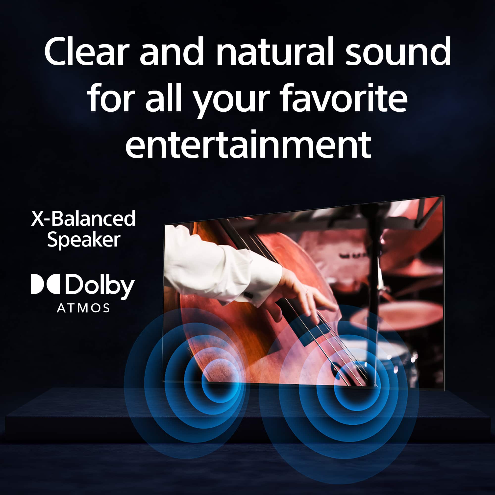 The image features a person playing a cello, with a large speaker in the background. The speaker is promoting clear and natural sound for all your favorite entertainment, including Dolby ATMOS. The speaker is designed to provide an immersive audio experience, making it perfect for music lovers and movie enthusiasts.