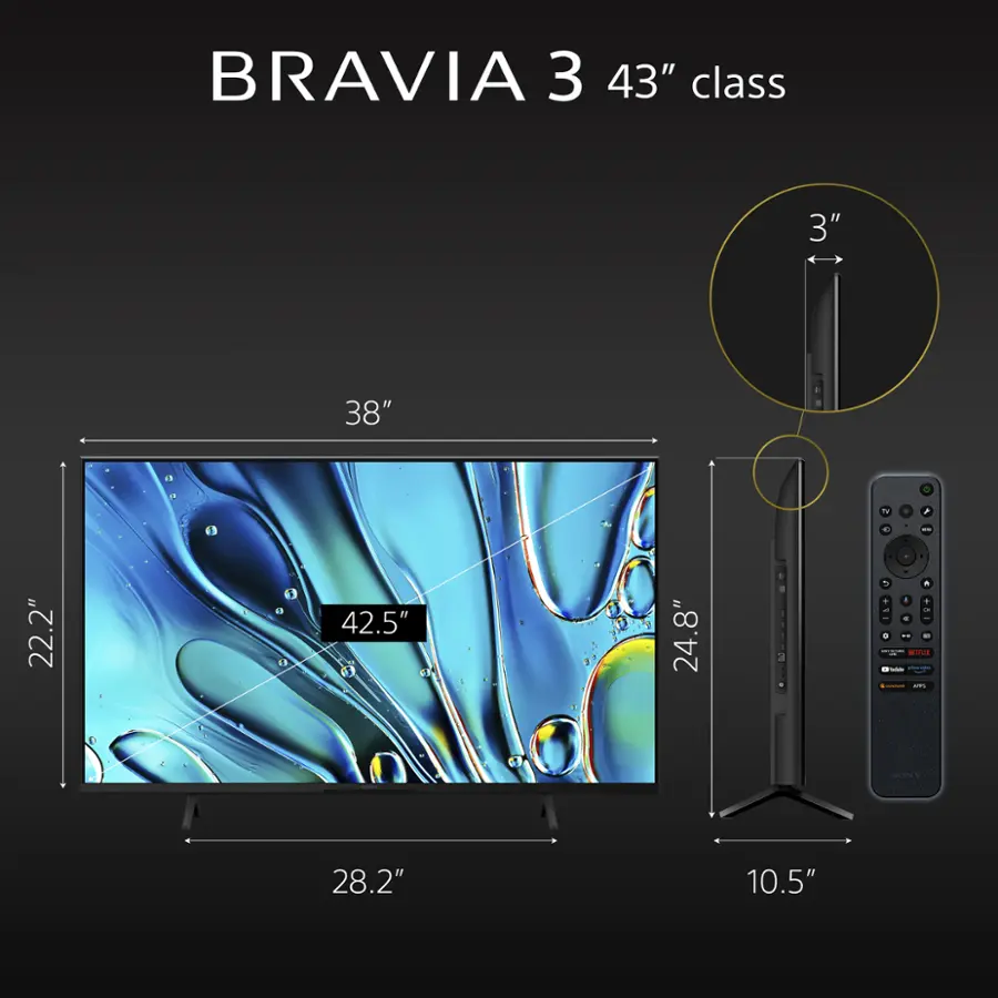 The image features a large Bravia 3 43" class television screen with a remote control placed next to it. The television screen is 42.5" in size, and the remote control is 10.5" tall. The television is positioned in front of a black background, which highlights the screen and remote control.
