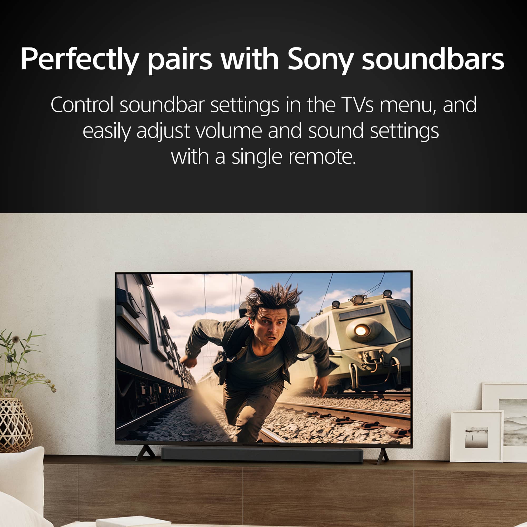 The image features a large flat-screen TV mounted on a wall, with a man running on the screen. The TV is paired with a Sony soundbar, which allows for easy control of soundbar settings through the TV's menu and adjusting volume and sound settings with a single remote.