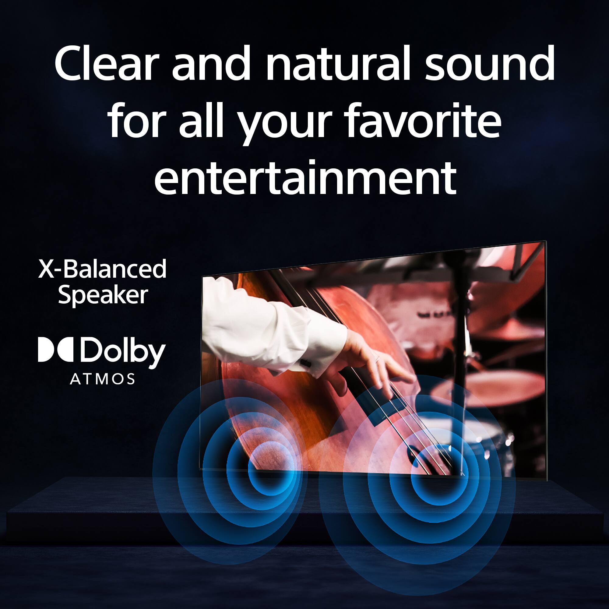 The image features a person playing a cello, with a large speaker in the background. The speaker is promoting clear and natural sound for all your favorite entertainment, including Dolby ATMOS. The speaker is designed to provide an immersive audio experience, making it perfect for music lovers and movie enthusiasts.
