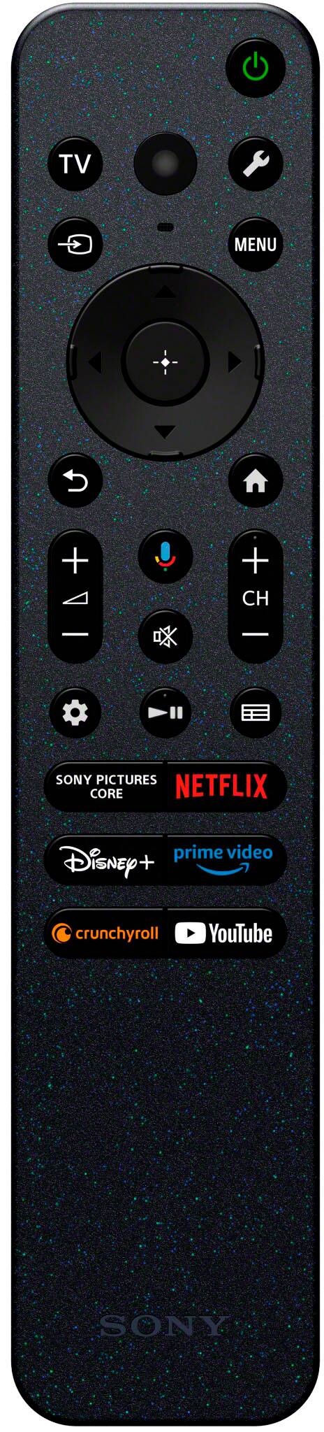 The largest text on the remote control reads "TV MENU." The cleaned-up text based on the image would be:

TV Menu + + CH - + SONY PICTURES CORE + NETFLIX + PRIME VIDEO + DISNEY + + CRUNCHYROLL + YOUTUBE + SONY