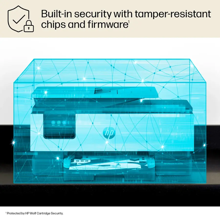 The image features a HP printer with a built-in security system that includes tamper-resistant chips and firmware. This ensures the protection of the printer and its contents from unauthorized access or tampering. The printer is also protected by HP Wolf Cartridge Security, which adds an extra layer of security to prevent any potential threats.