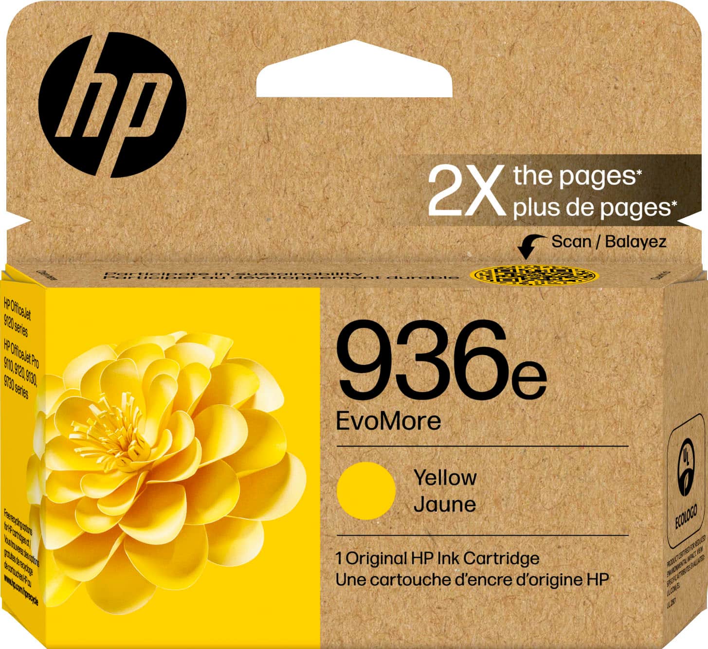hp the pages* 2X plus de pages* Scan can/Balayez / HP Officejet Pro 9300 9330 9350 9360 EvoMore Fresh Ink 1 Original HP Ink Cartridge Une cartouche d'encre d'origine HP Yellow Jaune 1