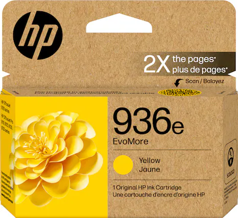 hp the pages* 2X plus de pages* Scan can/Balayez / HP Officejet Pro 9300 9330 9350 9360 EvoMore Fresh Ink 1 Original HP Ink Cartridge Une cartouche d'encre d'origine HP Yellow Jaune 1