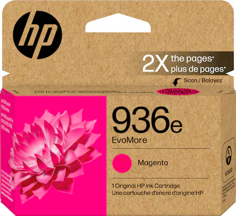 hp the pages* 2X plus de pages* Scan can/Balayez / W Cilicse 2 seres P Oifice 9T a P TE S30 E230 seres 936e EvoMore fnt wwgumppoce Magenta 1 Original HP Ink Cartridge Une cartouche d'encre d'origine HP EUDLDCO UPENES DAT B E A ERE LORS &E A