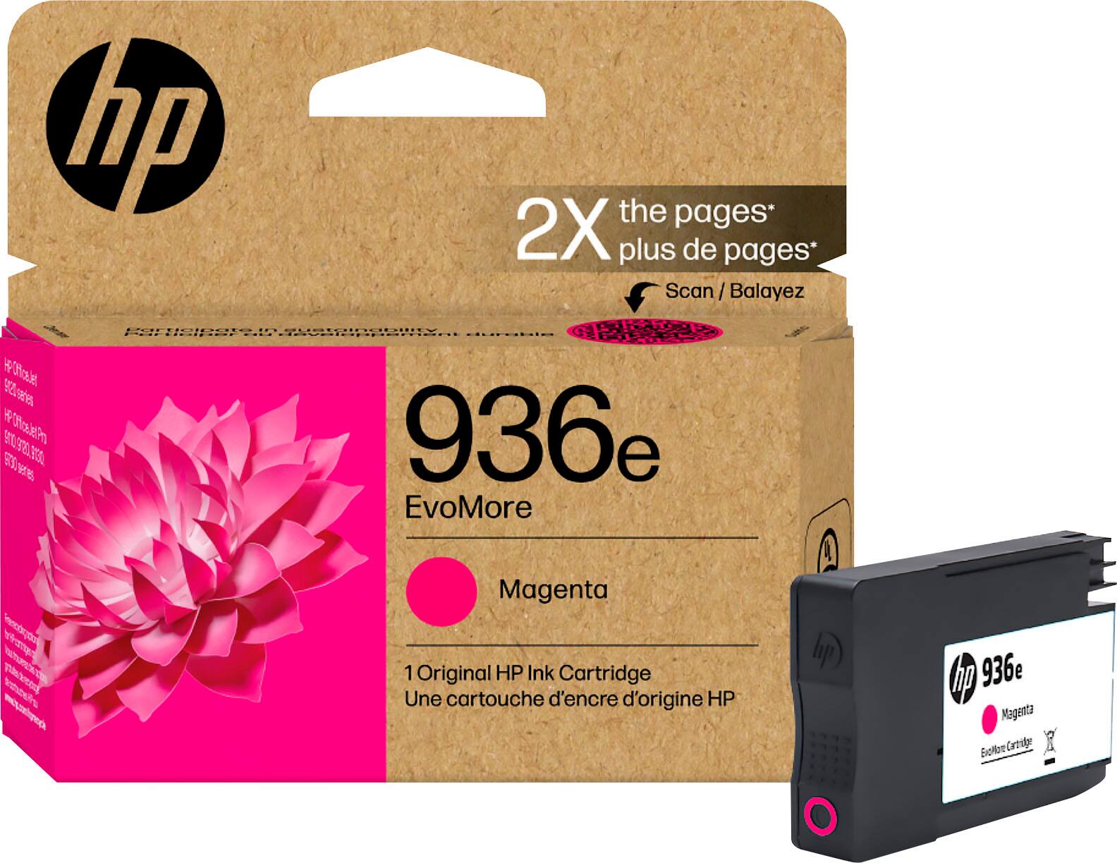 hp the 2X pages* plus de pages* Scan /Balayez / .............. In sustGinability   urduies HCPlosler 9Esetes HFOifcabelPr 936e s30ere e920F30 EvoMore 4 Magenta  enom hp)  1 Original HP Ink Cartridge Une cartouche d'encre d'origine HP 936e Mageata Evob Cree