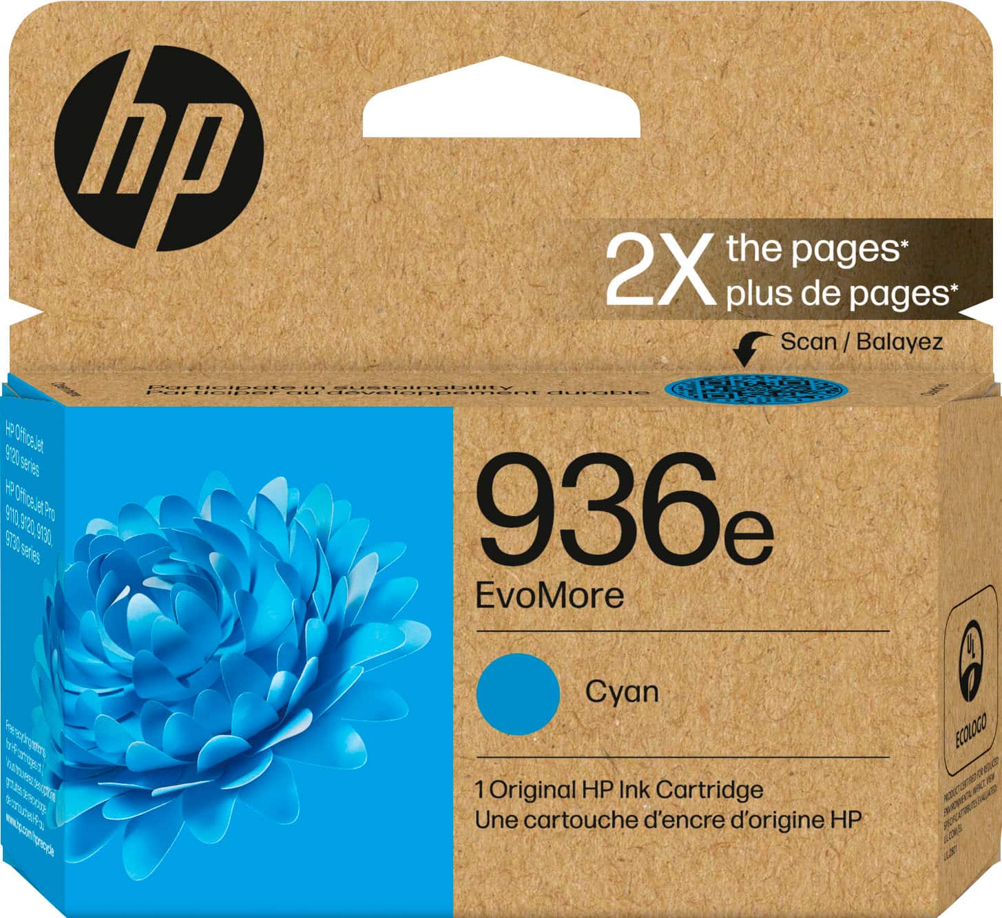 hp the pages* 2X plus de pages* Scan can/Balayez / W PCPfce.let 1.5 13E 1900 seres 936e EvoMore RENELT neA Cyan 1 Original HP Ink Cartridge Une cartouche d'encre d'origine HP E0DLOCO eN D EX - LOMS d5