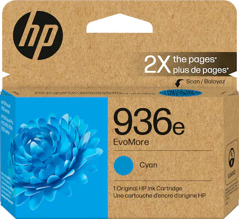 hp the pages* 2X plus de pages* Scan can/Balayez / W PCPfce.let 1.5 13E 1900 seres 936e EvoMore RENELT neA Cyan 1 Original HP Ink Cartridge Une cartouche d'encre d'origine HP E0DLOCO eN D EX - LOMS d5