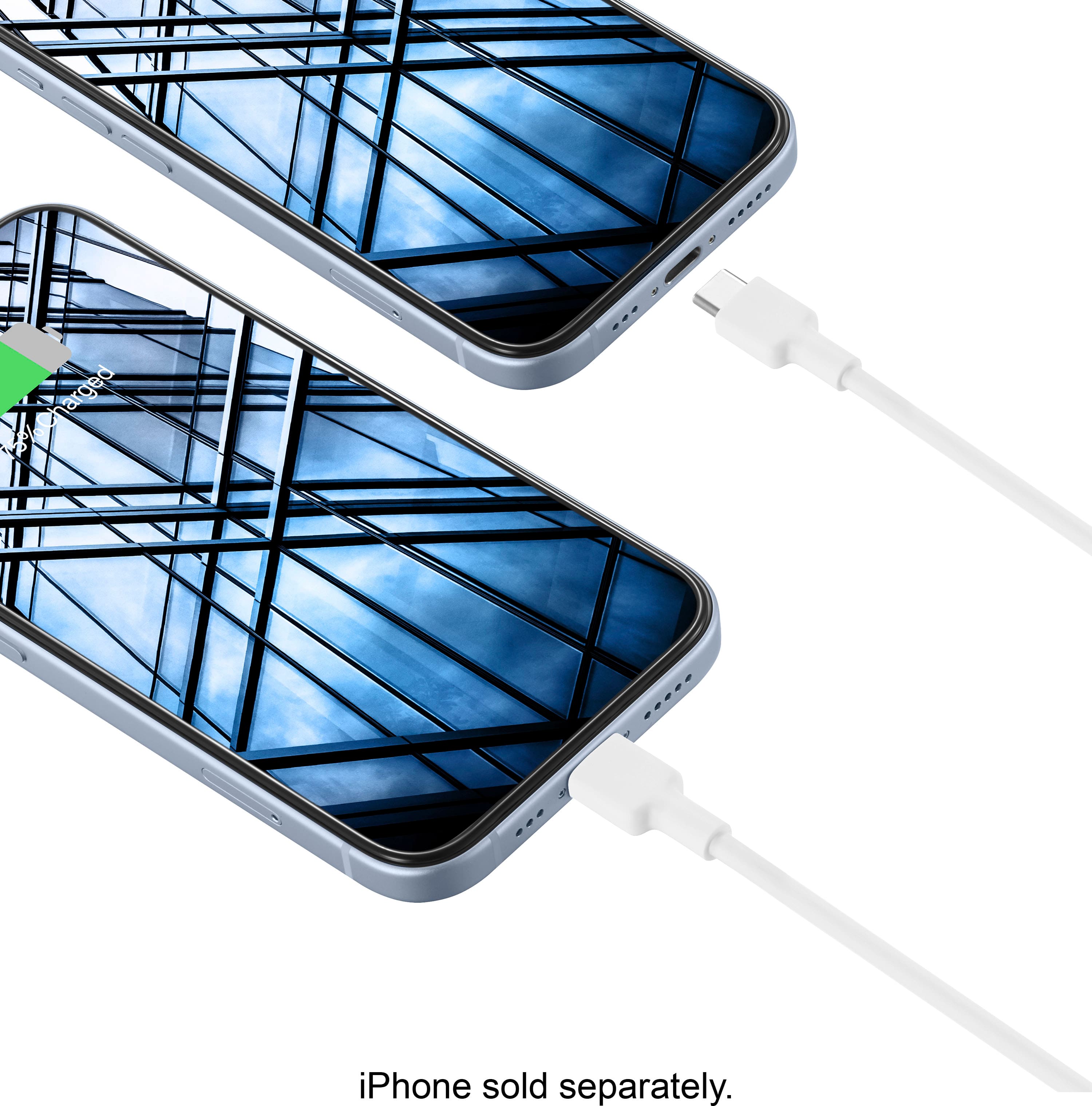 The image shows two cell phones, each with a charger plugged into them. The chargers are connected to the phones, indicating that they are being charged. The phones are placed side by side, and the chargers are visible on the top of the phones.