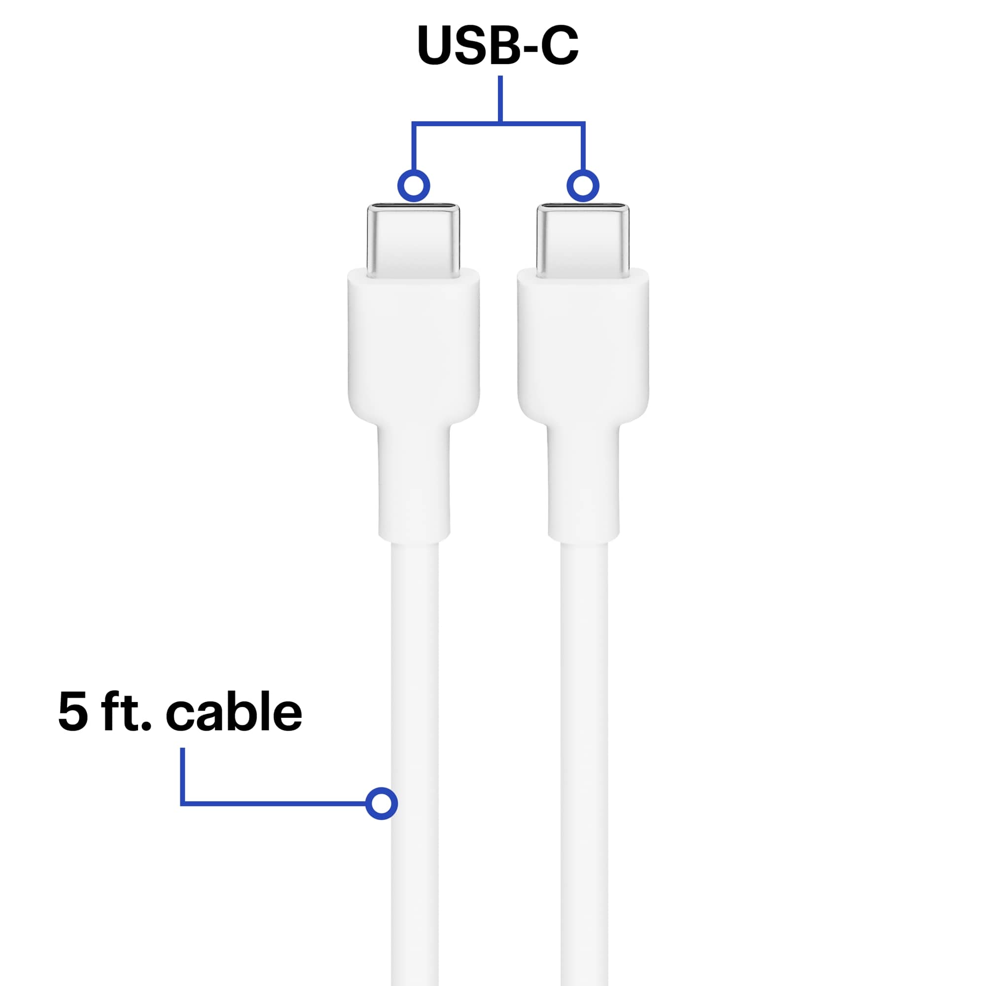 The image shows two white USB-C cables, each measuring 5 feet in length. The cables are connected to a USB-C device, which is not visible in the image. The cables are designed for use with USB-C devices, providing a convenient and reliable connection for various purposes such as charging, data transfer, and connecting peripherals.