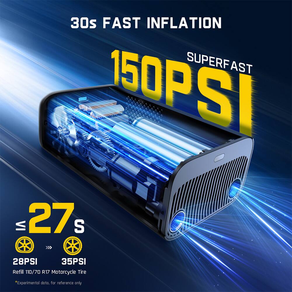 The image features a motorcycle tire inflation device that claims to inflate tires in just 30 seconds. The device is advertised as a "30s FAST INFLATION SUPERFAST 150PSI VI 27 S" and is designed to inflate tires to 28PSI or 35PSI. The inflation device is displayed in a blue and yellow color scheme, and it is positioned next to a motorcycle wheel. The image also includes a speedometer, which suggests that the inflation process is fast and efficient.