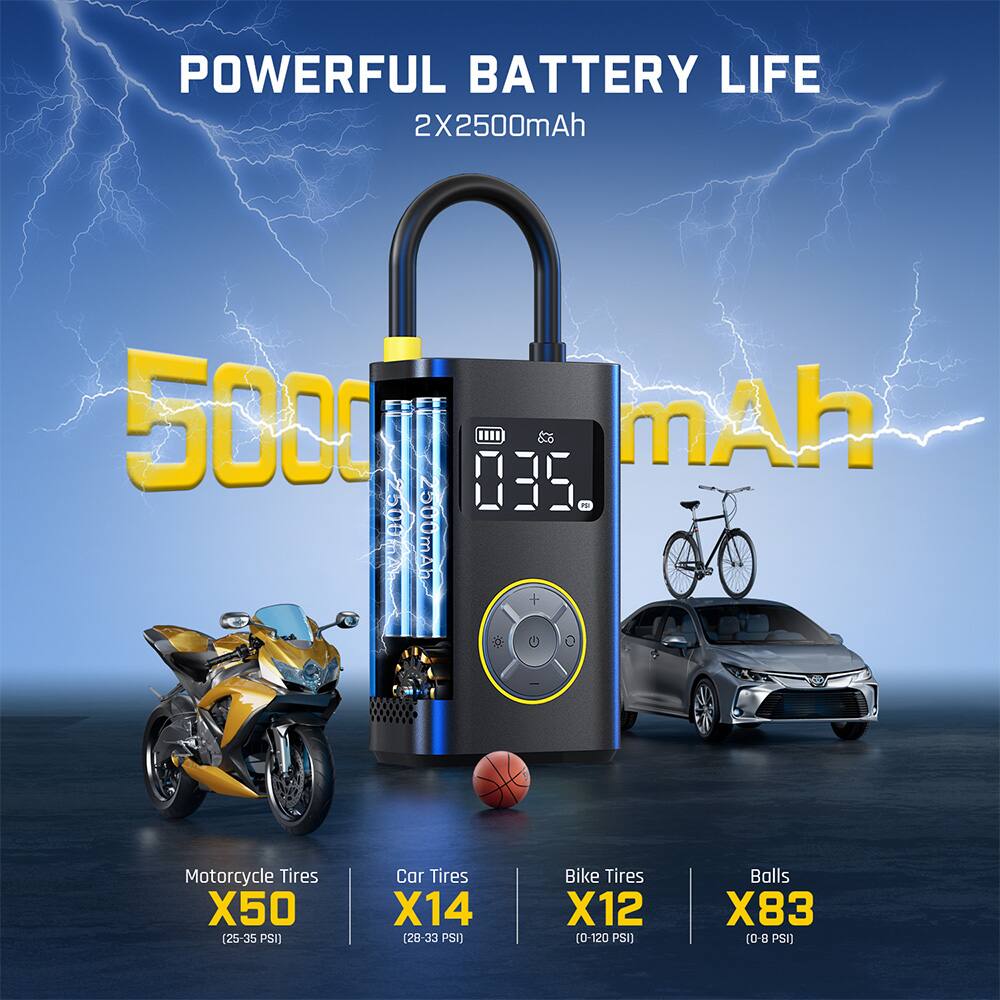 Powerful Battery Life 2X2500mAh 5000mAh 035. - 2500mAh 500mAh Motorcycle Tires X50 (25-35 PSI) Car Tires X14 (28-33 PSI) Bike Tires X12 [0-120 PSI) Bolls X83 (0-8 PSI)